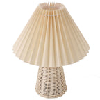 Pleated Table Lamp with Remote Control Modern Beige Fabric Shade Rattan Base Nightstand Lamp for Bedside Living Room Home Office Decor