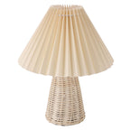 Pleated Table Lamp with Remote Control Modern Beige Fabric Shade Rattan Base Nightstand Lamp for Bedside Living Room Home Office Decor