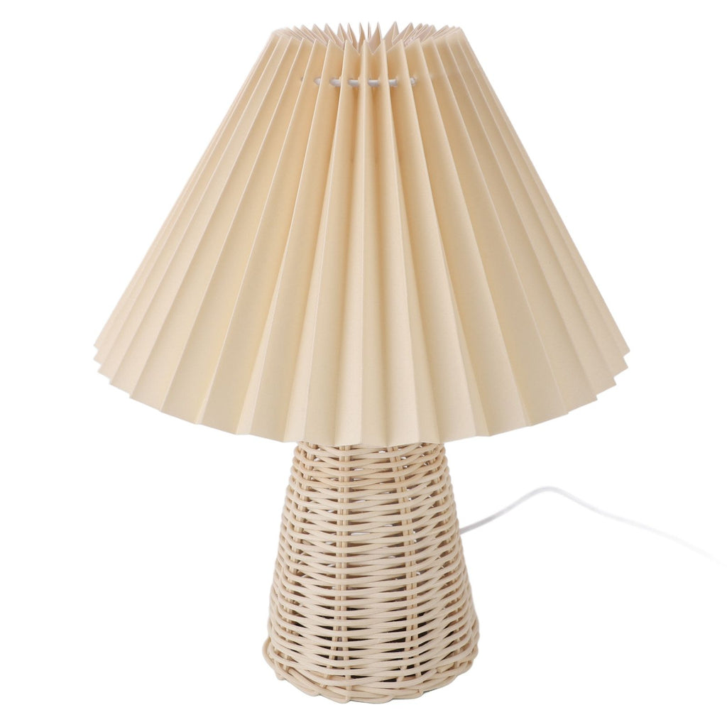 Pleated Table Lamp with Remote Control Modern Beige Fabric Shade Rattan Base Nightstand Lamp for Bedside Living Room Home Office Decor