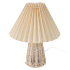 Pleated Table Lamp with Remote Control Modern Beige Fabric Shade Rattan Base Nightstand Lamp for Bedside Living Room Home Office Decor