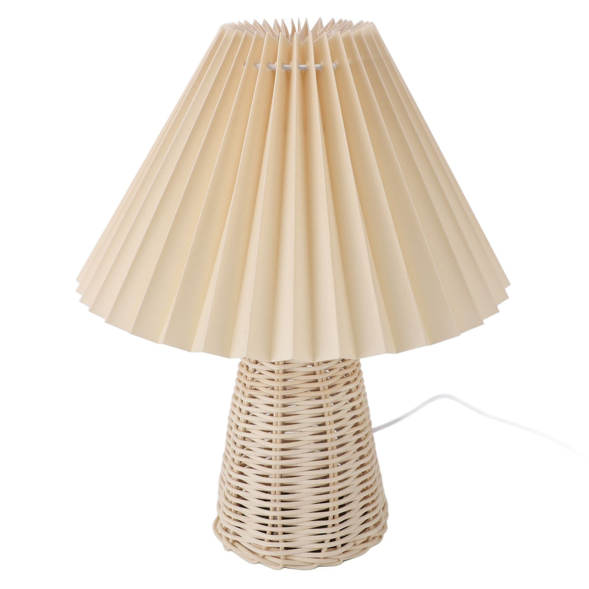 Pleated Table Lamp with Remote Control Modern Beige Fabric Shade Rattan Base Nightstand Lamp for Bedside Living Room Home Office Decor