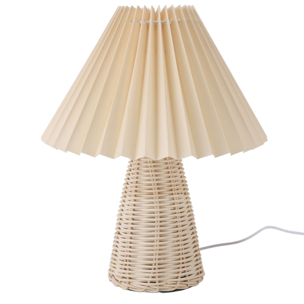 Pleated Table Lamp with Remote Control Modern Beige Fabric Shade Rattan Base Nightstand Lamp for Bedside Living Room Home Office Decor