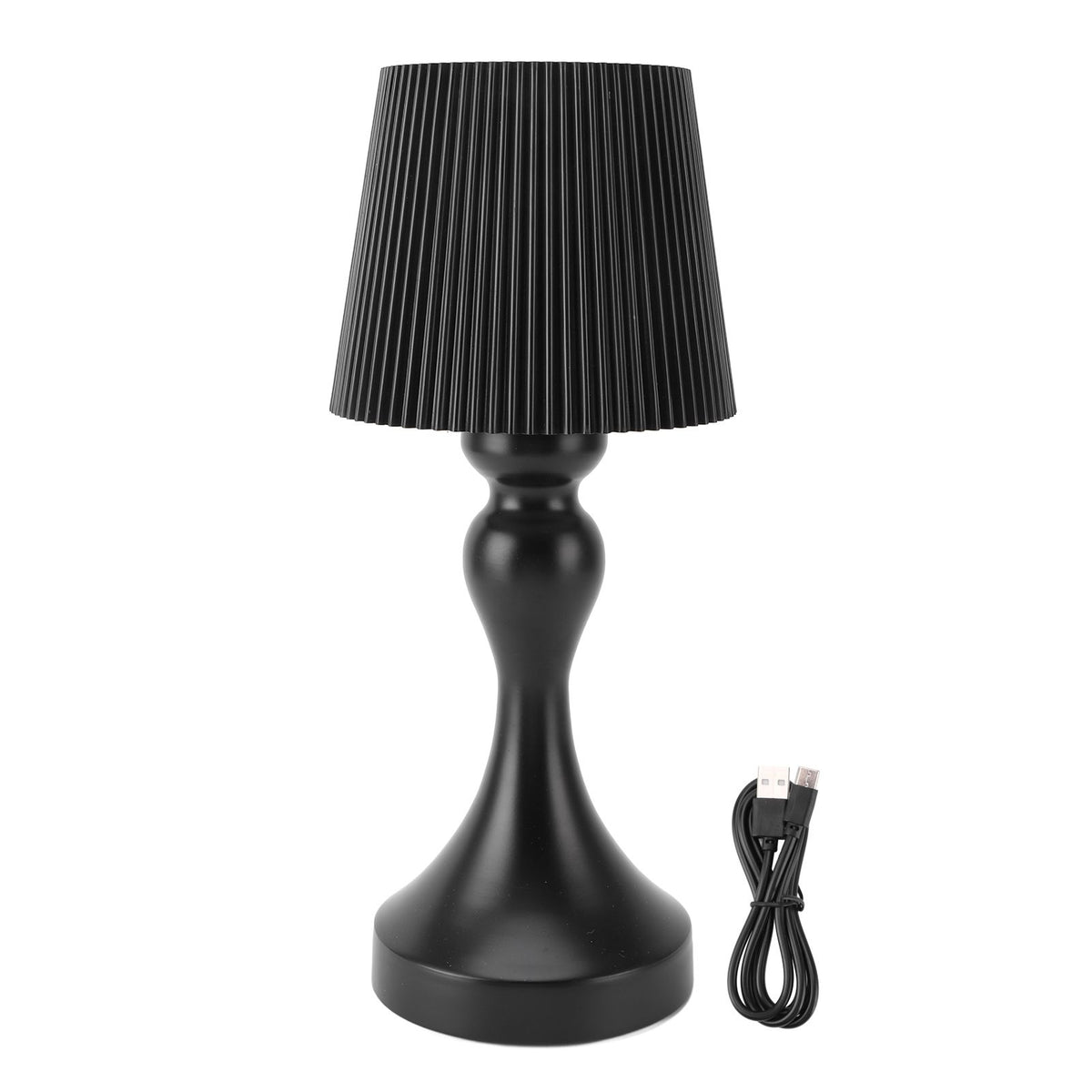 LED Cordless Table Lamp Iron Plastic Pleated Touch Control Stepless Dimmable USB Rechargeable Nightstand Lamp for Bedroom Office Bar Black