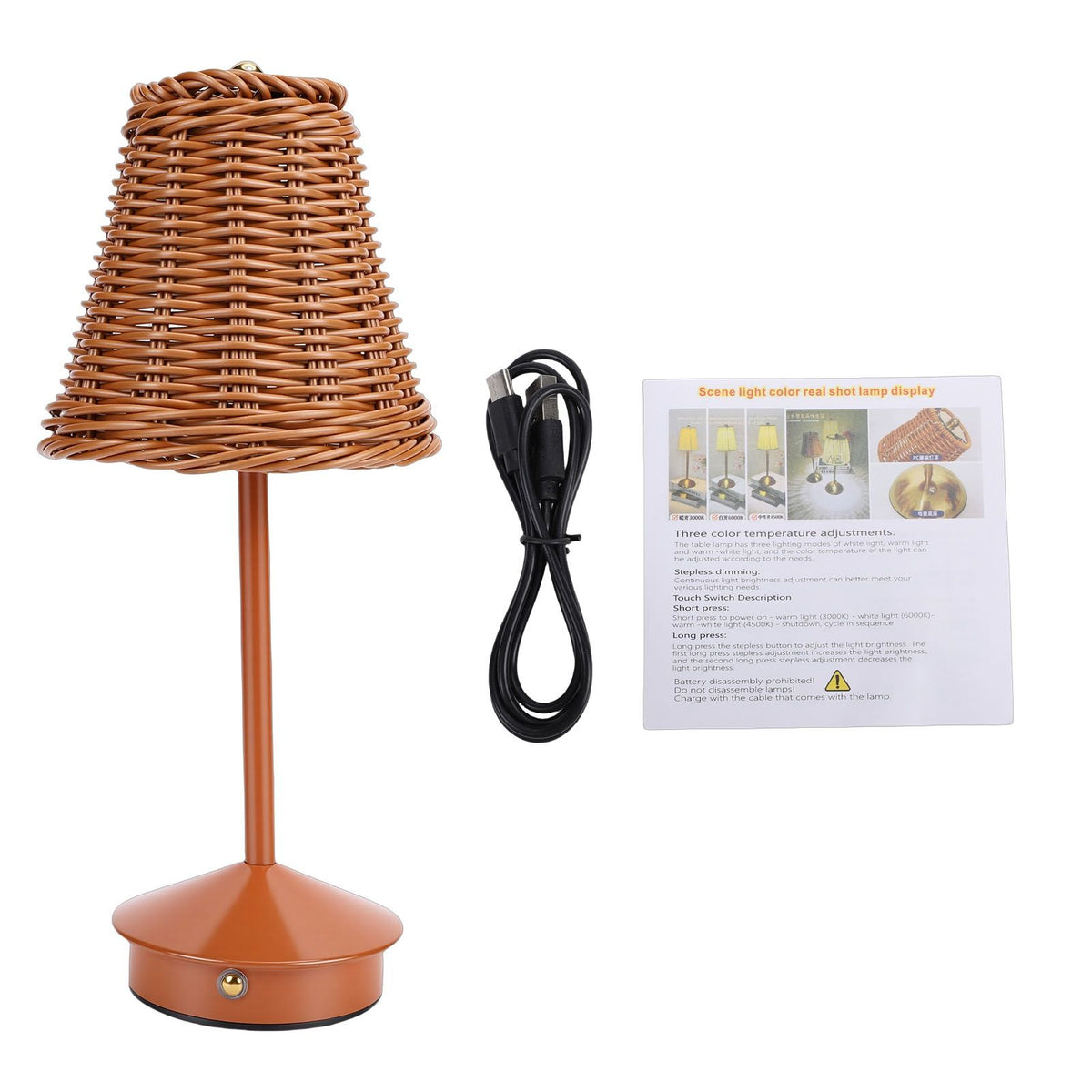 Boho Rattan Table Lamp LED Rechargeable Reading Light 3 Color Touch Control Dimmable Bedside Lamp for Living Room Bedroom Office Home Outdoor