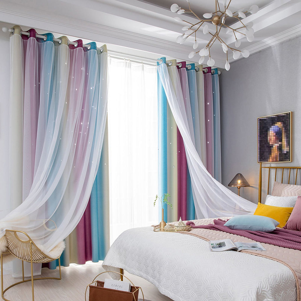 Star Curtains Stars Blackout Curtains for Kids Girls Bedroom Living Room Colorful Double Layer Star Window Curtains, 2 Panels (53''W x 108''L，Purple)