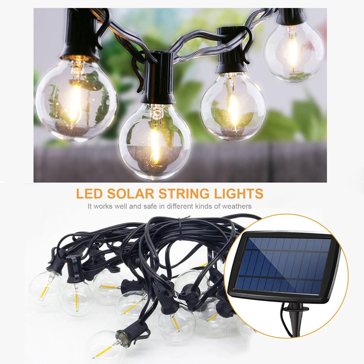 25 LED Solar String Lights Warm White Weatherproof Hanging Bulbs Garden Patio Light Backyard Lighting Fairy String Lamp for Wedding Party Outdoor