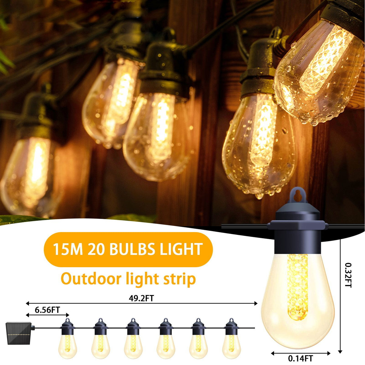 Solar Panel LED Outdoor String Lights 49ft 20 Bulbs Globe String Lights Waterproof Patio Lights for Birthday Wedding Graduation Anniversary Party Dining Decor Outside Hanging Lights E12 Socket Base