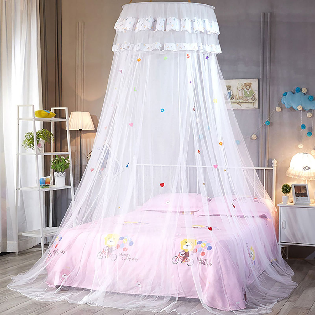 Round Canopy Lace Princess Style Mosquito Net Bed Curtain for Children Bed (White)