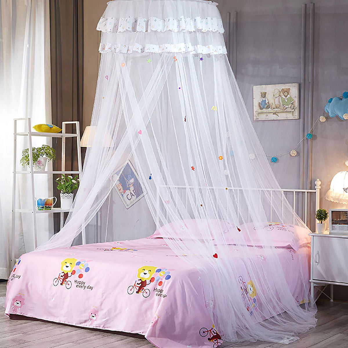 Round Canopy Lace Princess Style Mosquito Net Bed Curtain for Children Bed (White)