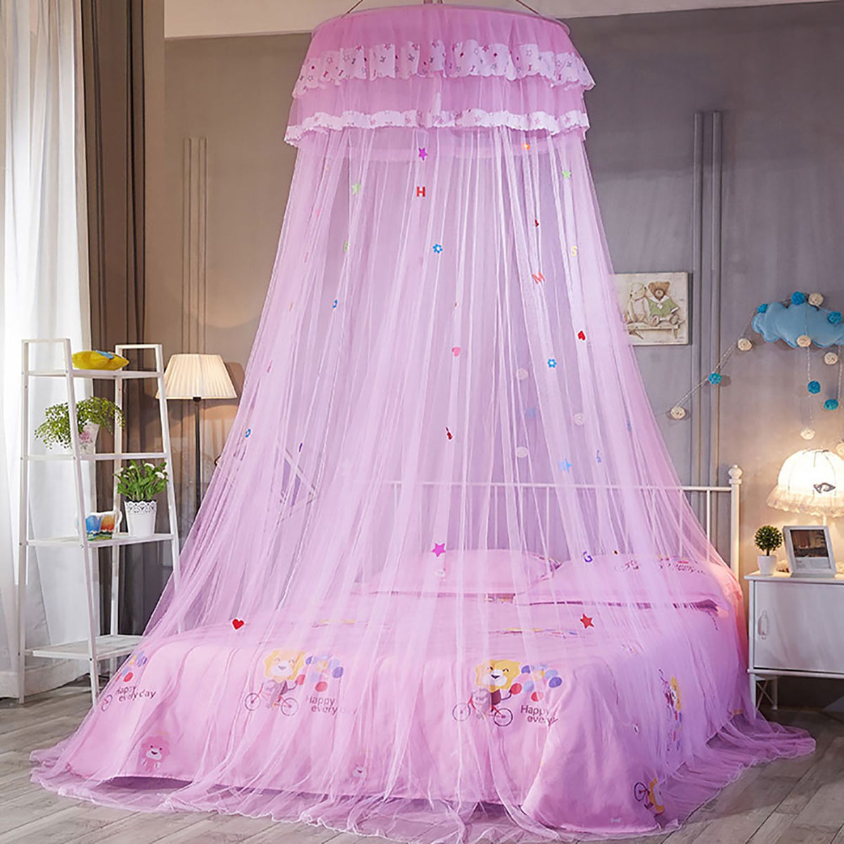 Round Canopy Lace Princess Style Mosquito Net Bed Curtain for Children Bed (Pink)