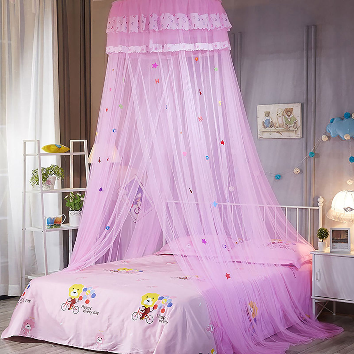 Round Canopy Lace Princess Style Mosquito Net Bed Curtain for Children Bed (Pink)