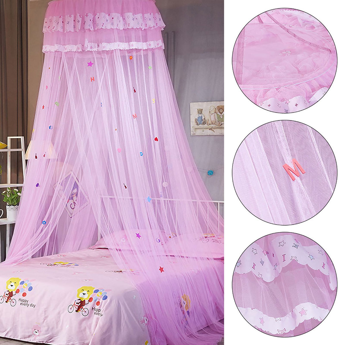 Round Canopy Lace Princess Style Mosquito Net Bed Curtain for Children Bed (Pink)