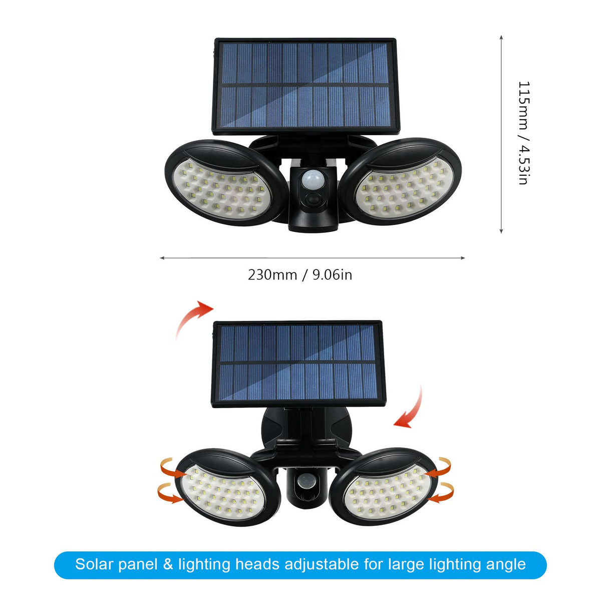 Solar Powered Wall Light PIR Motion Sensor 3 Lighting Modes Foldable 2 Heads Flood Lamp 360° Wide Lighting Angle IP65 Water-resistant Outdoor Secure Light for Patio Yard Fence Garage