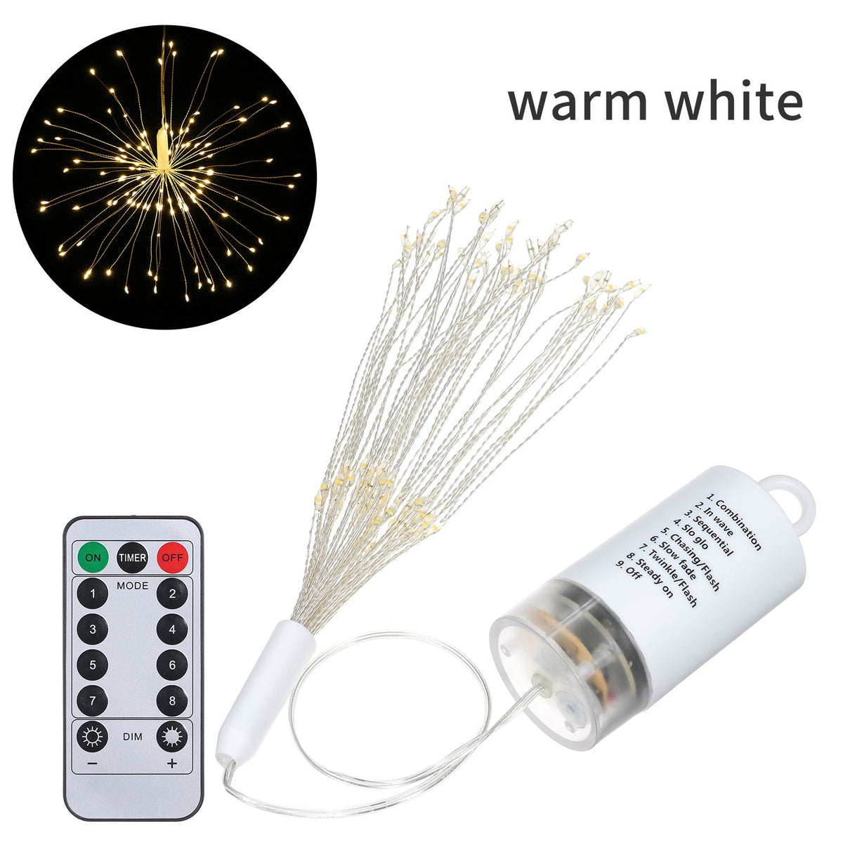 Fairy Firework String Light with Remote Control 120 LEDs Dimmable 8 Lighting Modes Wire Lights Decorative Hanging Starburst Lamp for Christmas Patio Indoor Outdoor Decoration