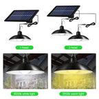 Solar Powered LEDs Ceiling Light Dimmable 2 Lighting Heads Shed Lights Patio Chandelier Split Solar Light Hang-ing Lamp Remote & Lighting Control with Timer Function IP65 Water-resistant for Indoor Outdoor Lighting