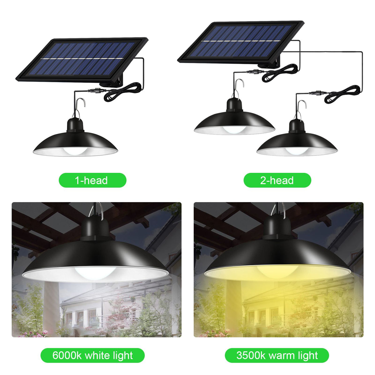 Solar Powered LEDs Ceiling Light Dimmable 2 Lighting Heads Shed Lights Patio Chandelier Split Solar Light Hang-ing Lamp Remote & Lighting Control with Timer Function IP65 Water-resistant for Indoor Outdoor Lighting