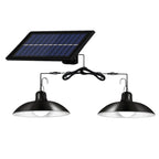 Solar Powered LEDs Ceiling Light Dimmable 2 Lighting Heads Shed Lights Patio Chandelier Split Solar Light Hang-ing Lamp Remote & Lighting Control with Timer Function IP65 Water-resistant for Indoor Outdoor Lighting