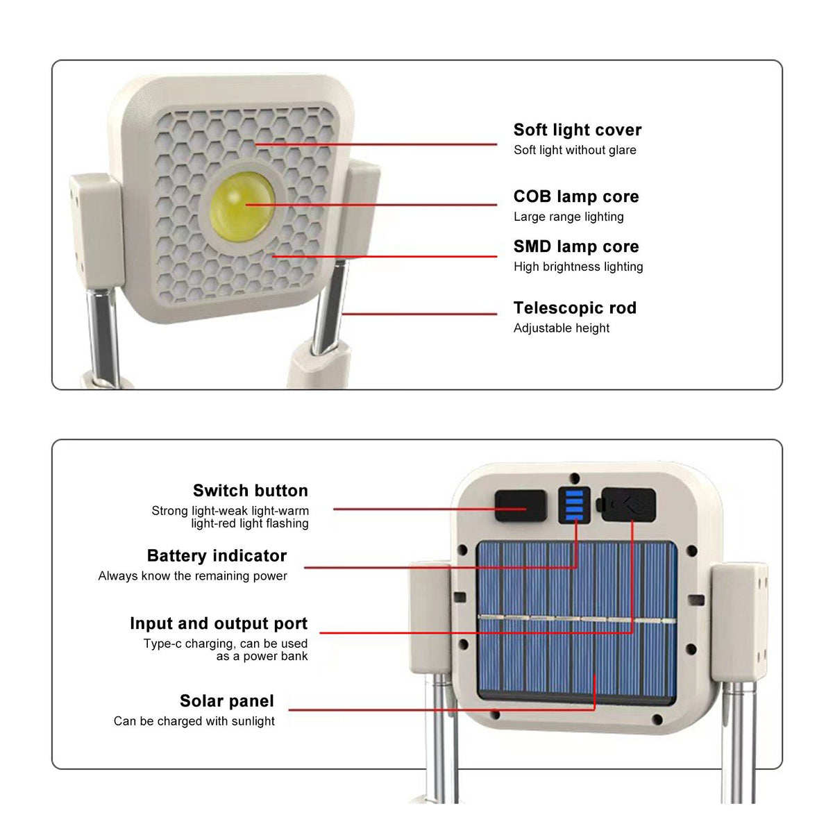 Solar Work Light Outdoor Tent Light Portable Portable USB Rechargeable Floodlight Camping Light Height Adjustable Multiple Lighting Modes (Bright Light/Low Light/Warm Light/Red Light Burst)
