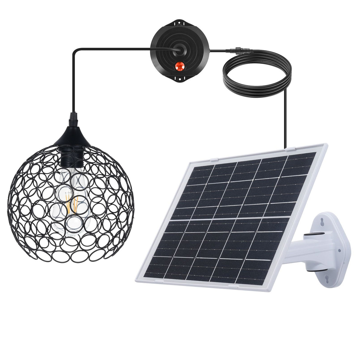 Retro Solar Powered Pendant Lamp, Dusk to Dawn Solar Chandelier, Dimmable ST64 Glass Bulb, Indoor Outdoor Hanging Lights, with Remote Control, Timer Function, Hollow Metal Lampshade