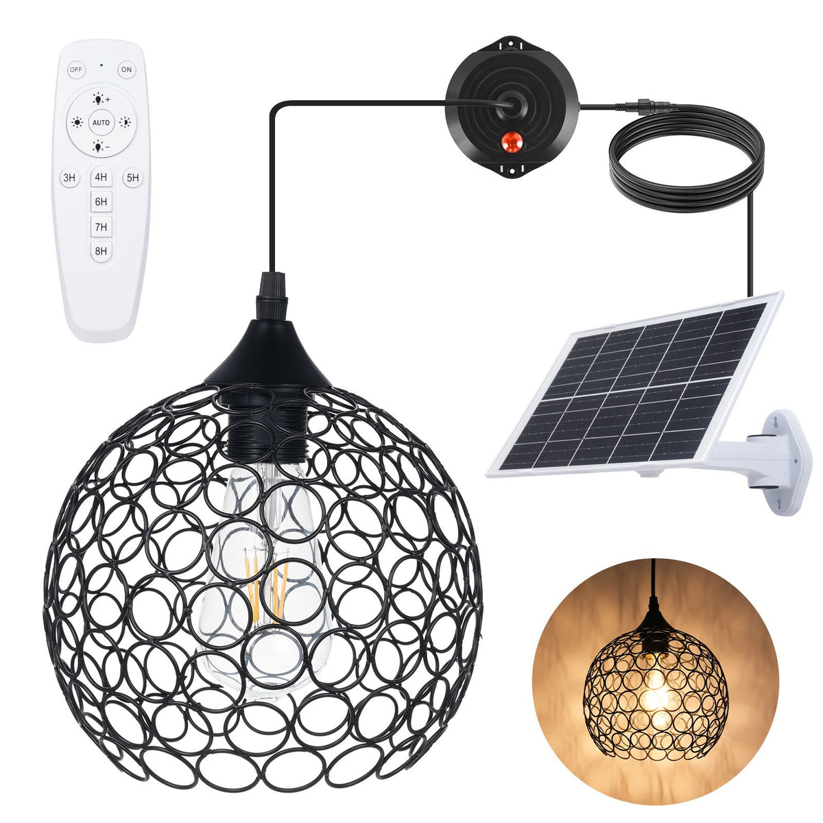 Retro Solar Powered Pendant Lamp, Dusk to Dawn Solar Chandelier, Dimmable ST64 Glass Bulb, Indoor Outdoor Hanging Lights, with Remote Control, Timer Function, Hollow Metal Lampshade