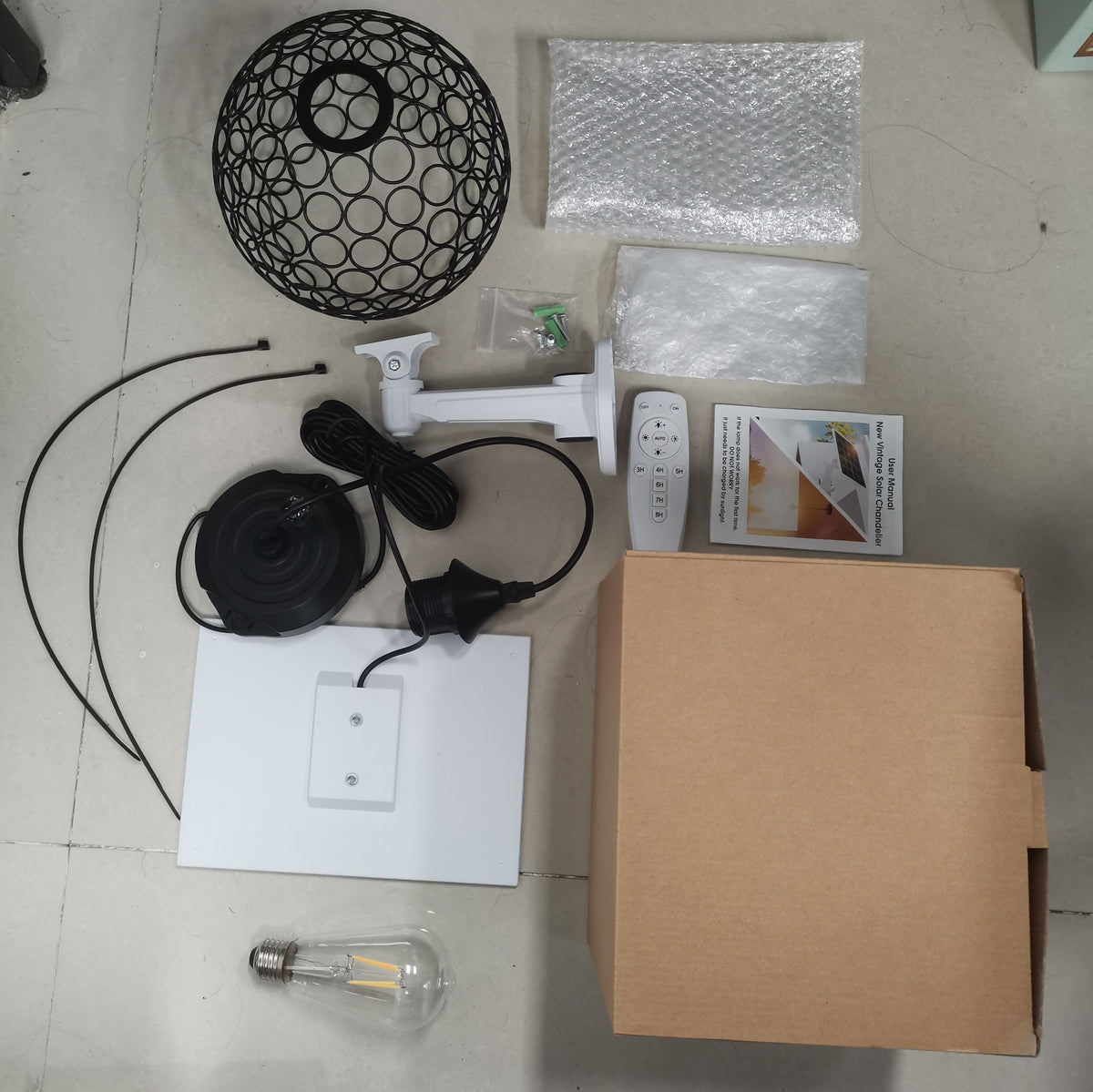 Retro Solar Powered Pendant Lamp, Dusk to Dawn Solar Chandelier, Dimmable ST64 Glass Bulb, Indoor Outdoor Hanging Lights, with Remote Control, Timer Function, Hollow Metal Lampshade