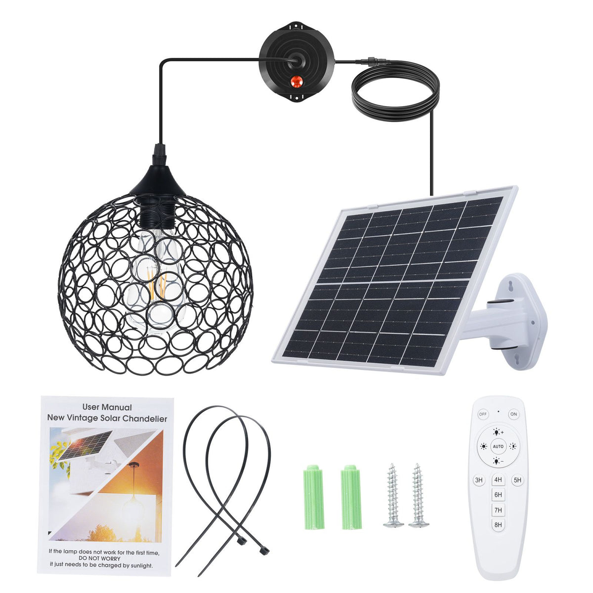 Retro Solar Powered Pendant Lamp, Dusk to Dawn Solar Chandelier, Dimmable ST64 Glass Bulb, Indoor Outdoor Hanging Lights, with Remote Control, Timer Function, Hollow Metal Lampshade