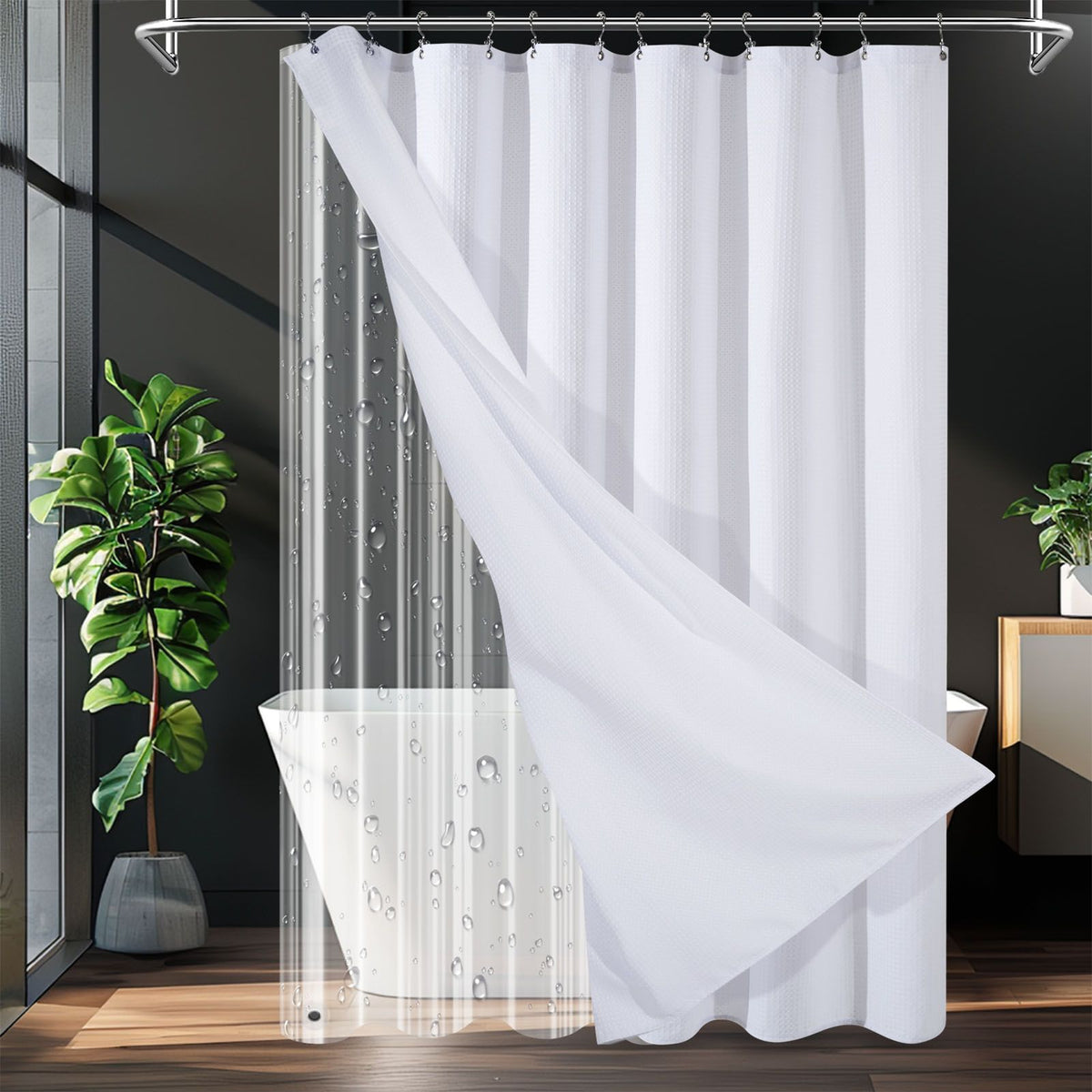 Waffle Fabric Shower Curtain with Liner and Hooks Set Bathroom Curtain for Home Hotel 72 X 72in White