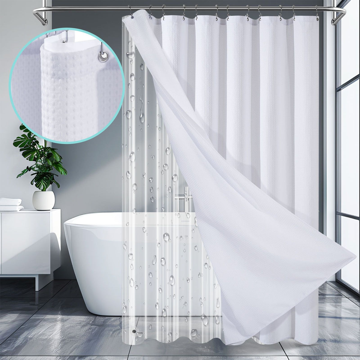 Waffle Fabric Shower Curtain with Liner and Hooks Set Bathroom Curtain for Home Hotel 72 X 72in White