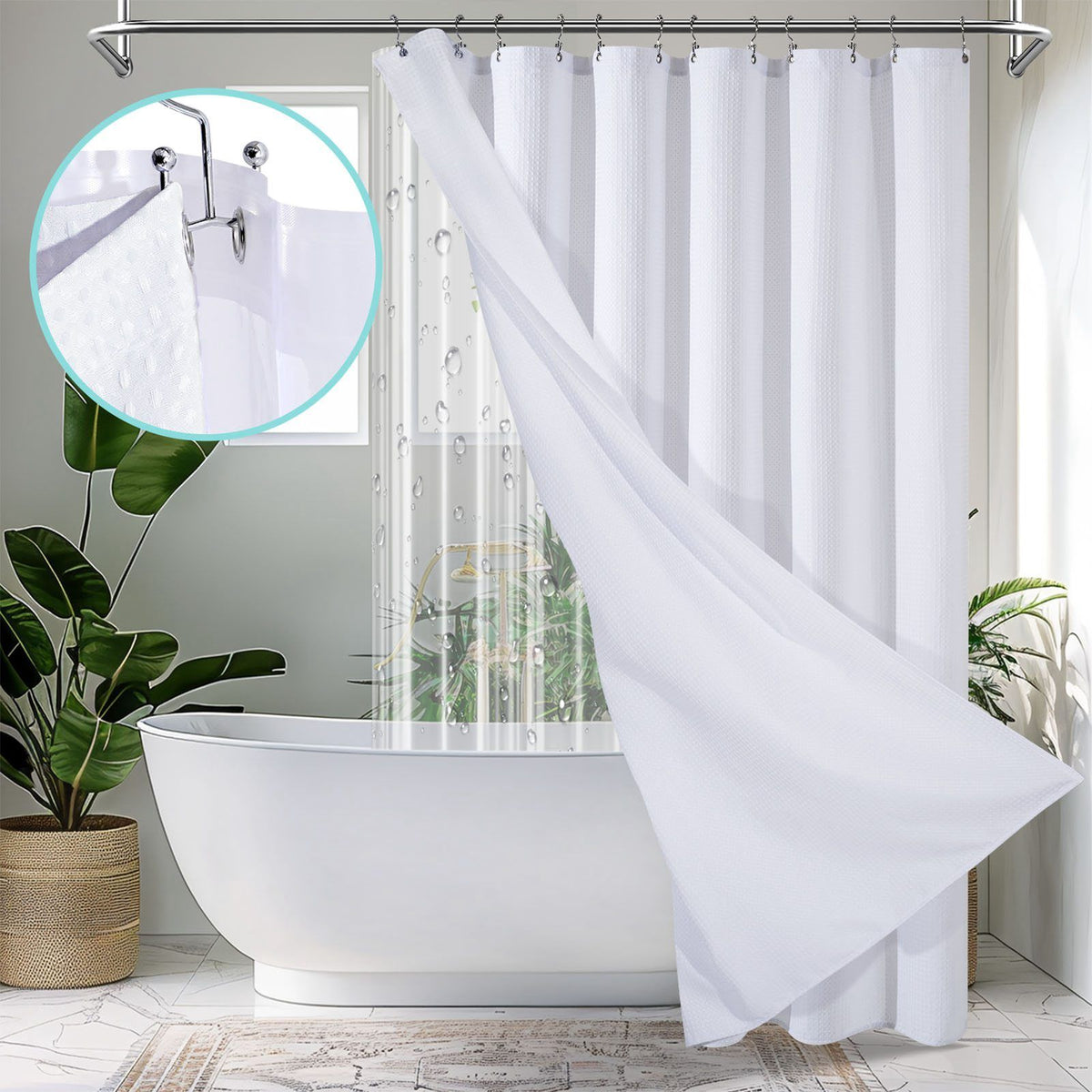 Waffle Fabric Shower Curtain with Liner and Hooks Set Bathroom Curtain for Home Hotel 72 X 72in White