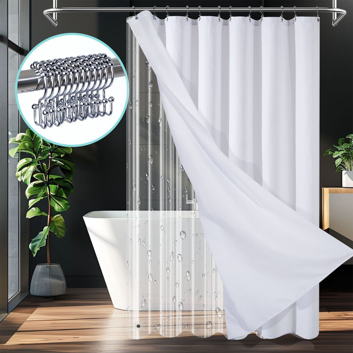 Waffle Fabric Shower Curtain with Liner and Hooks Set Bathroom Curtain for Home Hotel 72 X 72in White
