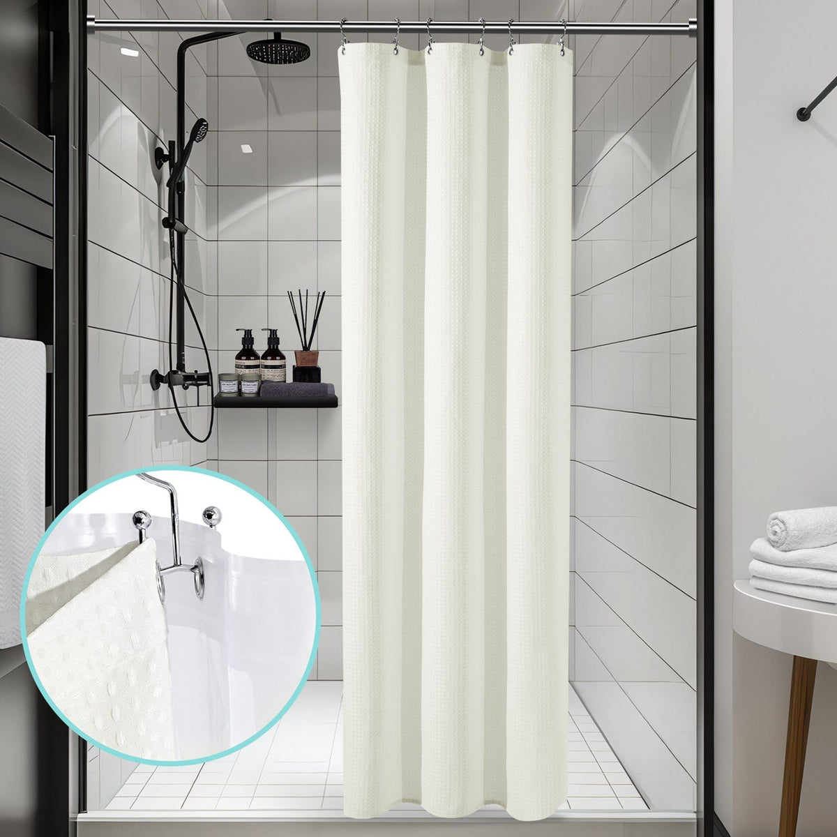 230gsm Waffle Shower Curtain Beige Bath Curtain with Weighted Hem for Cloakroom and Shower Room