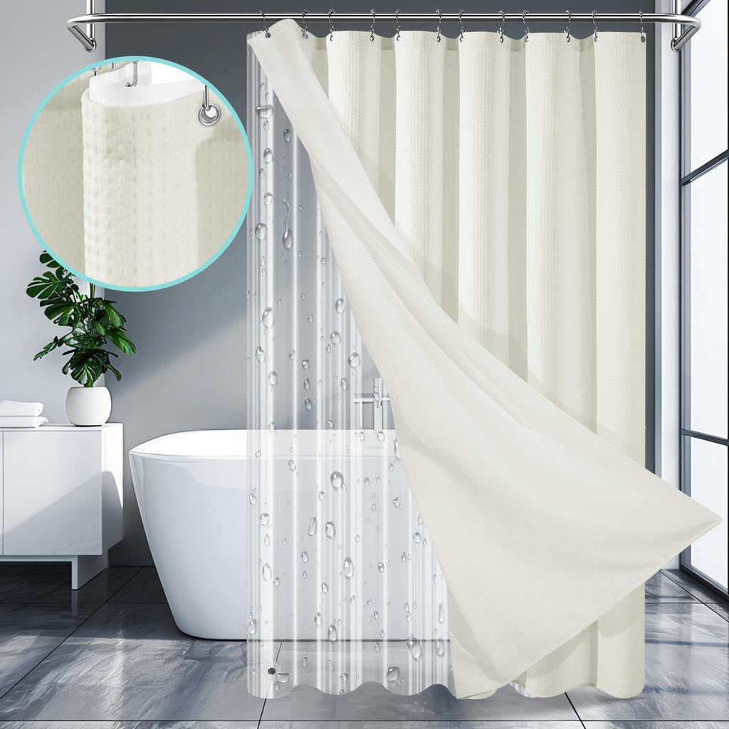 230gsm Waffle Shower Curtain Beige Bath Curtain with Weighted Hem for Cloakroom and Shower Room