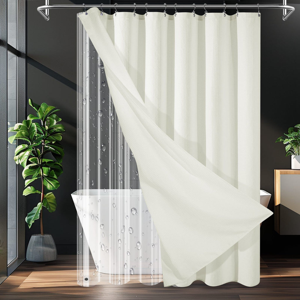 230gsm Waffle Shower Curtain Beige Bath Curtain with Weighted Hem for Cloakroom and Shower Room