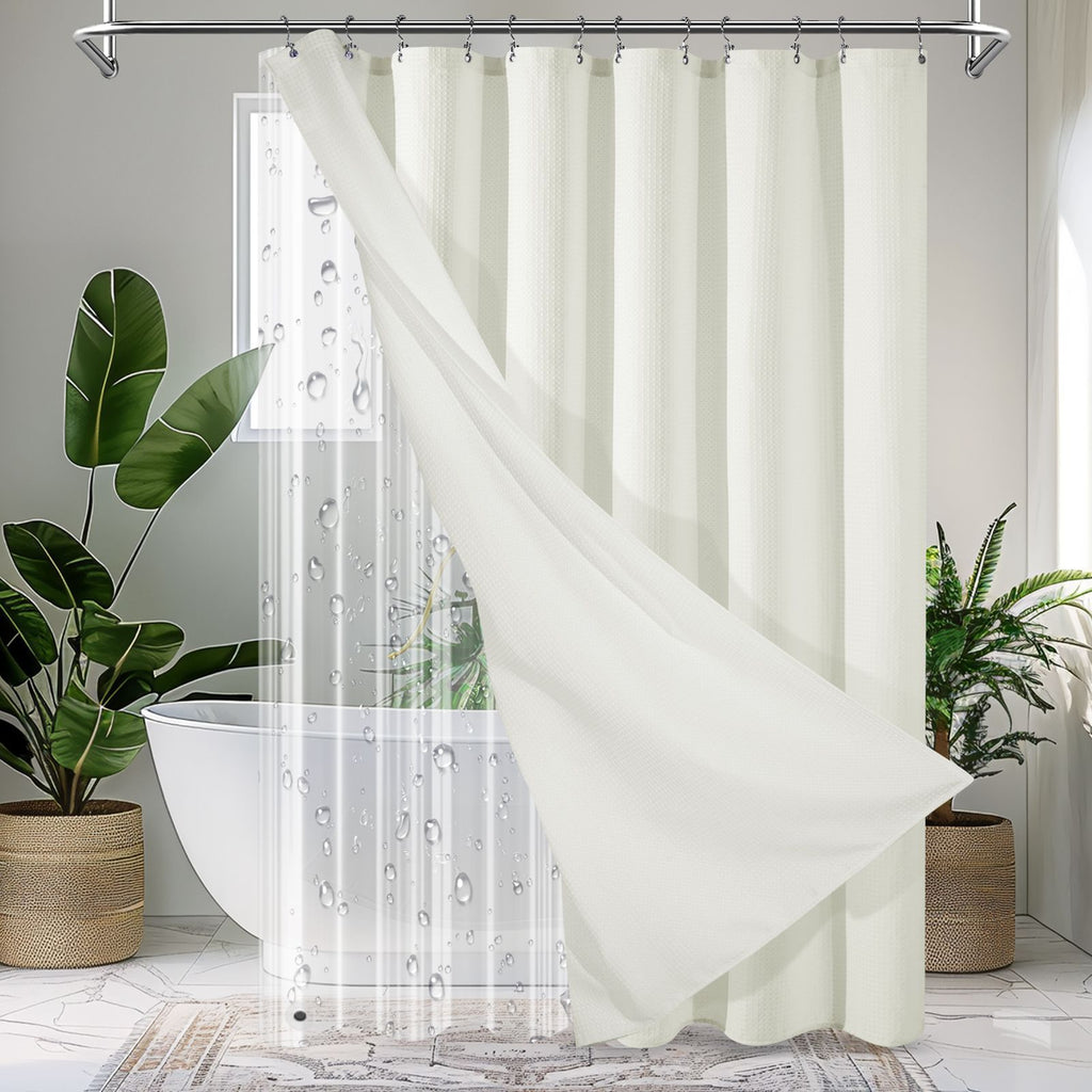 230gsm Waffle Shower Curtain Beige Bath Curtain with Weighted Hem for Cloakroom and Shower Room
