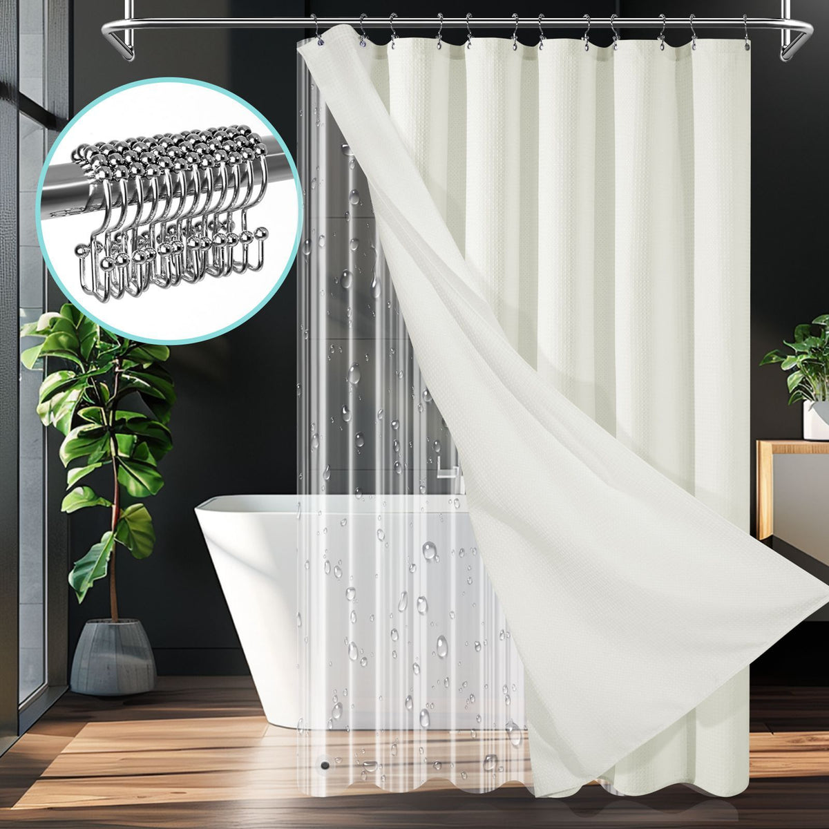 230gsm Waffle Shower Curtain Beige Bath Curtain with Weighted Hem for Cloakroom and Shower Room