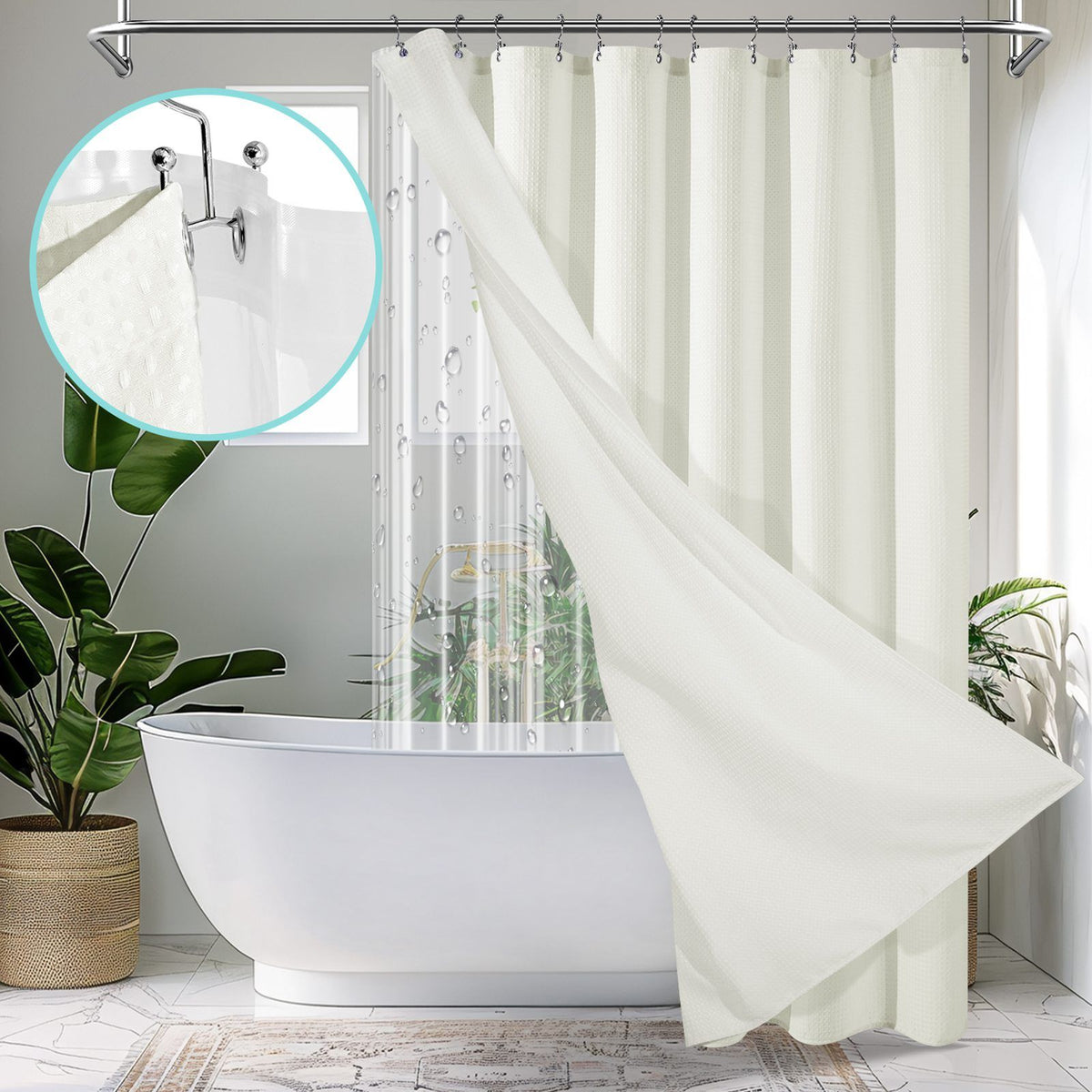 230gsm Waffle Shower Curtain Beige Bath Curtain with Weighted Hem for Cloakroom and Shower Room