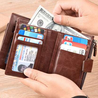 PU Leather Men Wallet Zipper No Degaussing Multi Screens Vertical Vintage Male Wallet for Travelling Working Brown