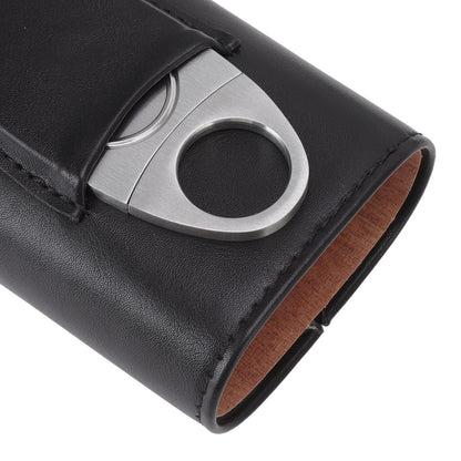 3 Finger Cigar Case Iron Cover Portable Soft Glossy Leather Cigar Holder Case with Cutter for Travel Black