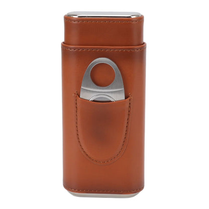 3 Finger Cigar Case Iron Cover Portable Soft Glossy Leather Cigar Holder Case with Cutter for Travel Brown