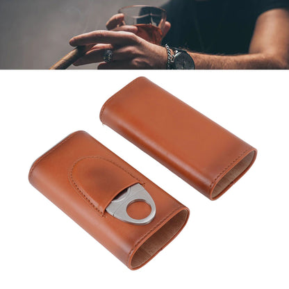 3 Finger Cigar Case Iron Cover Portable Soft Glossy Leather Cigar Holder Case with Cutter for Travel Brown