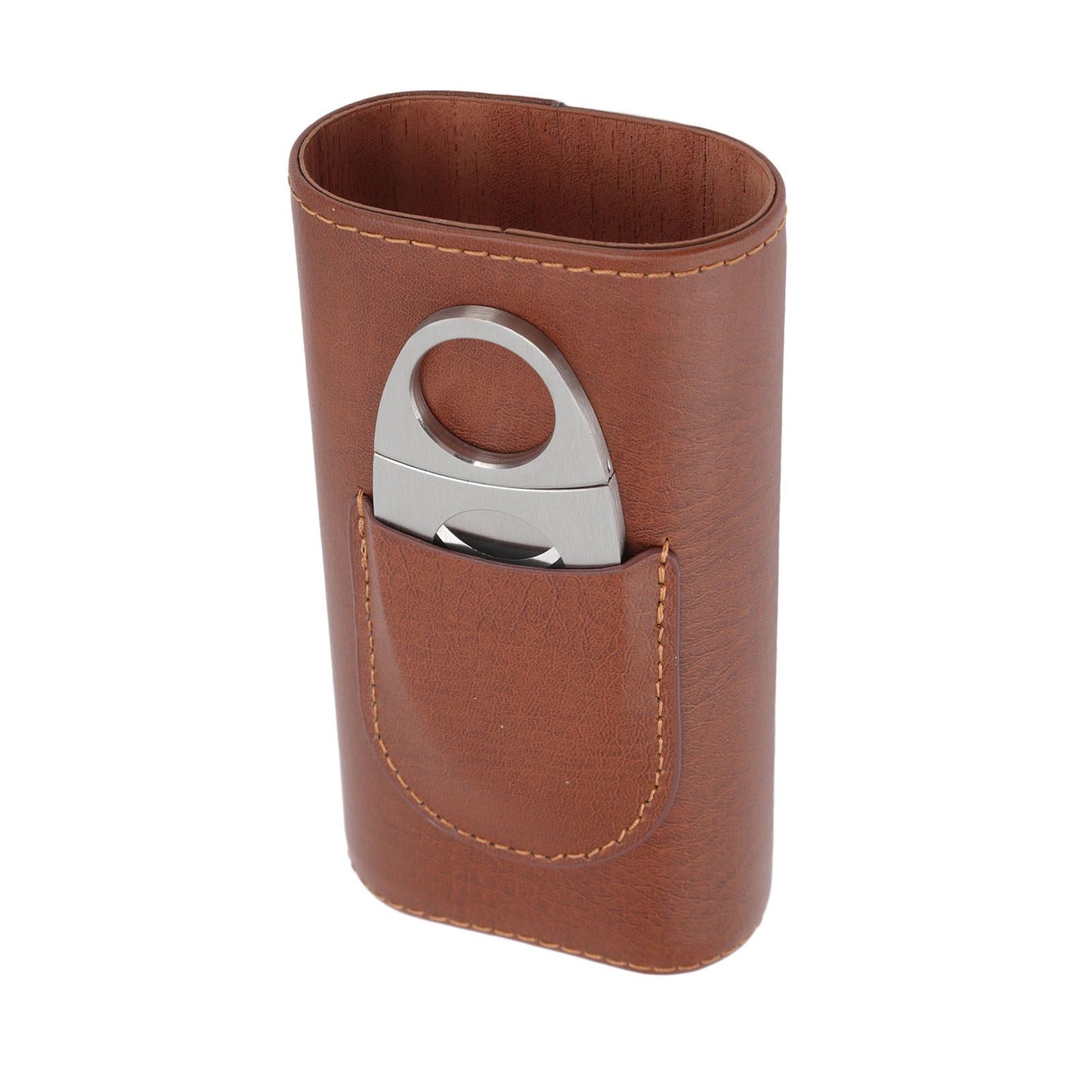 3 Finger Cigar Case Leather Cedarwood Lining Travel Portable Cigar Holder with Scissor Brown