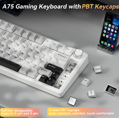 Solakaka A75 3-Mode RGB Mechanical Keyboard, Hot-Swappable Greywood V3 Switch,White-Gray