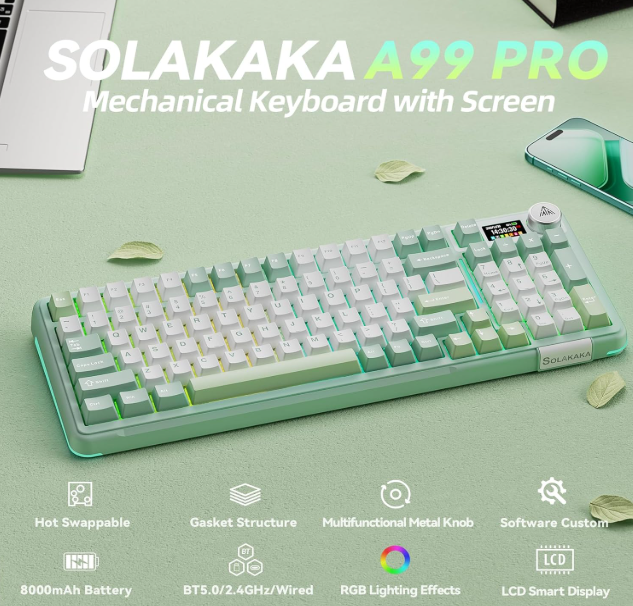Solakaka A99PRO 3‑Mode RGB Mechanical Keyboard, Hot‑Swappable Sagittarius Switch,White‑Green