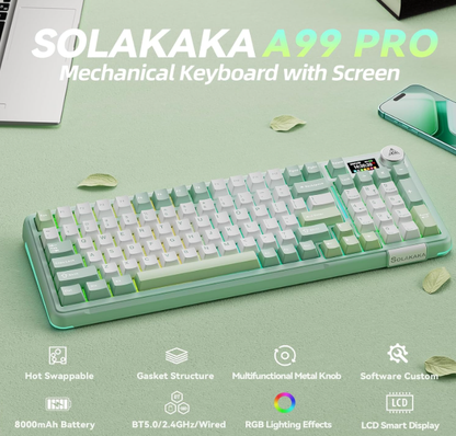 Solakaka A99PRO 3‑Mode RGB Mechanical Keyboard, Hot‑Swappable Sagittarius Switch,White‑Green