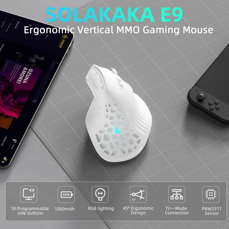 Solakaka E9 3 Mode Vertical Ergonomic Mouse, Bluetooth 5.3 USB 2.4G Wired Tri-Mode Rechargeable Wireless Vertical Mouse,white