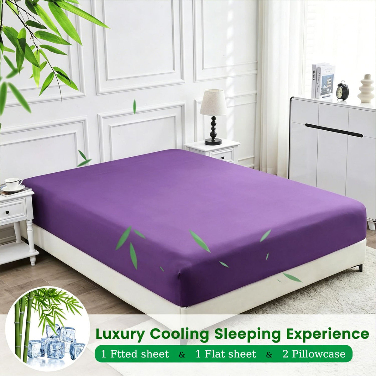 Hotel Breathable Bamboo Fitted Sheet & Pillowcase-3 Piece-Ultra Soft 2000TC Breathable Fitted Bed Sheets Set with 40 Centimetre Deep Pocket-Cooling Sheets for Hot Sleepers(Purple,Super King)