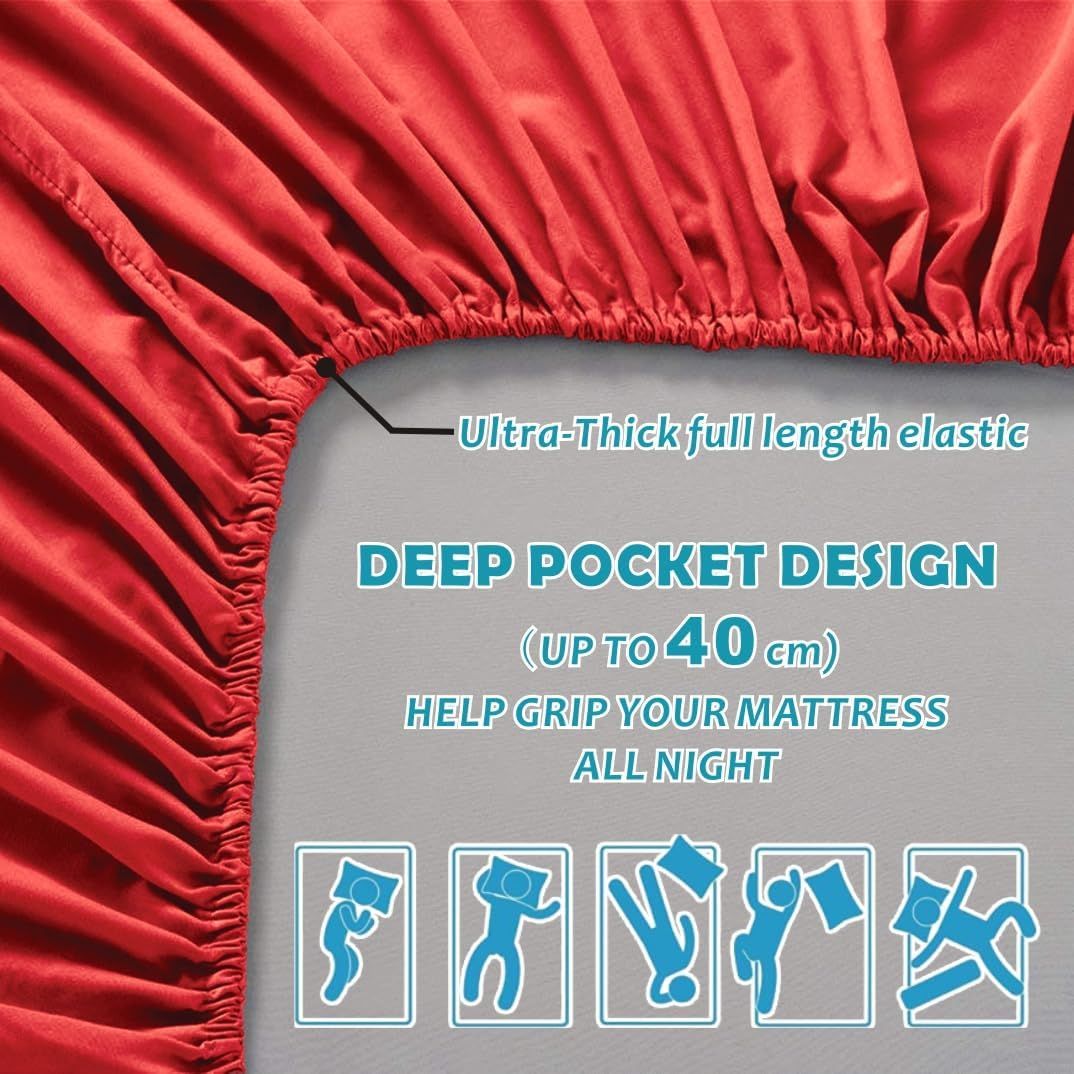 Hotel Quality Fitted Sheet - 1 Piece Fitted Sheet  -Breathable Bedding - Wrinkle, Fade, Stain Resistant- 16inch/40cm Deep Pocket Fitted Bed Sheet-Wrinkle and Fade Resistant,(Red,King Single)