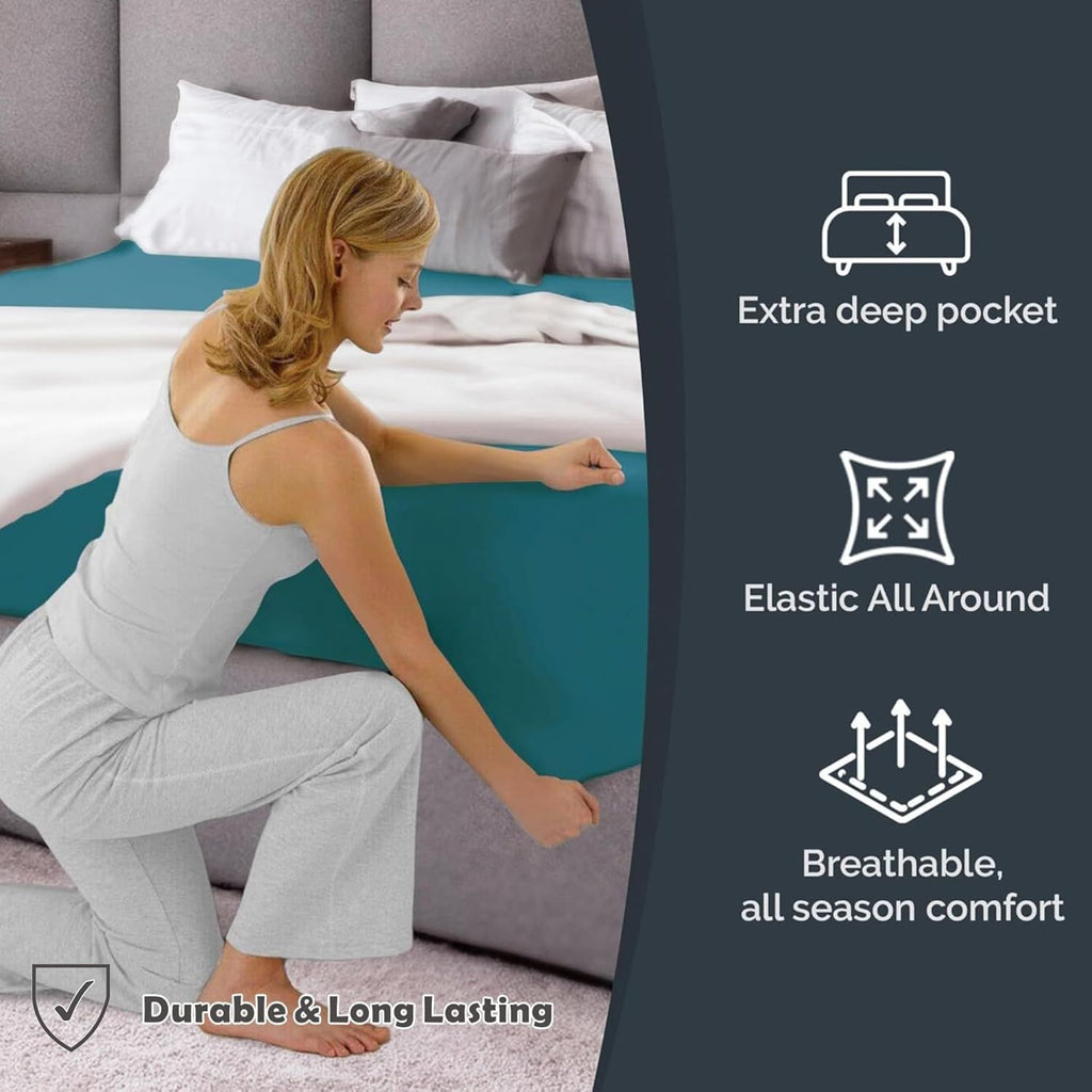 Hotel Quality Fitted Sheet - 1 Piece Fitted Sheet  -Breathable Bedding - Wrinkle, Fade, Stain Resistant- 16inch/40cm Deep Pocket Fitted Bed Sheet-Wrinkle and Fade Resistant,(Biscay blue,King Single)
