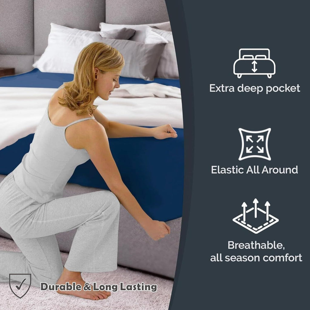 Hotel Quality Fitted Sheet - 1 Piece Fitted Sheet  -Breathable Bedding - Wrinkle, Fade, Stain Resistant- 16inch/40cm Deep Pocket Fitted Bed Sheet-Wrinkle and Fade Resistant,(Navy,Single)