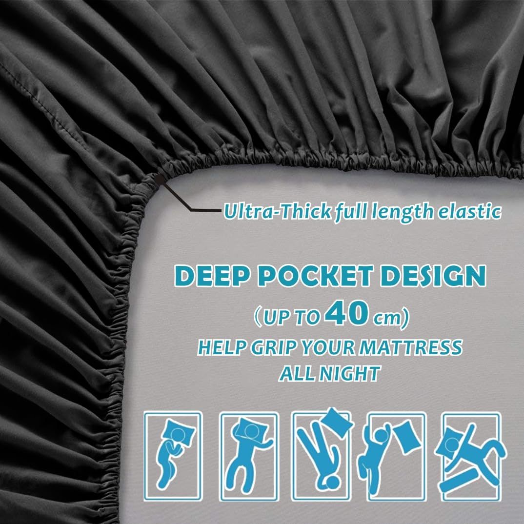 Hotel Quality Fitted Sheet - 1 Piece Fitted Sheet  -Breathable Bedding - Wrinkle, Fade, Stain Resistant- 16inch/40cm Deep Pocket Fitted Bed Sheet-Wrinkle and Fade Resistant,(Black,Super King)